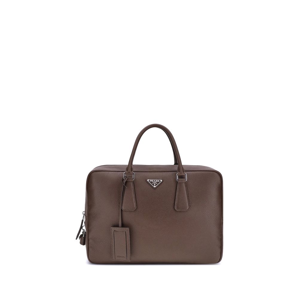 Prada Handbag - Brown leather bag with a visible brand logo on a white background
